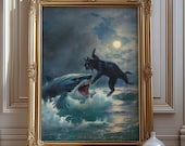Fat Cat vs. Shark | Funny Altered Wall Art | Meme Art | Weird Renaissance Painting Style | Cat Lover Funny Gift | Crazy Cat Wall Decor