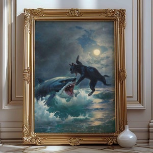 Gatto grasso contro squalo / Divertente arte murale alterata / Meme art / Strano stile di pittura rinascimentale / Regalo divertente per gli amanti dei gatti / Decorazione murale con gatto pazzo