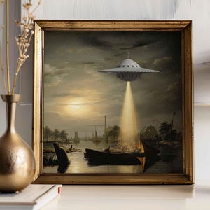 Altered Vintage Landscape Print, Aliens Abduction, Spaceship, Funny Vintage, Aliens in Landscape, Ufo Art, Sci Fi Poster, Alien Square Print