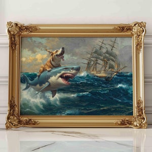 Cane divertente contro squalo / Arte alterata divertente / Meme Art rivisitato in stile rinascimentale Stampa su carta opaca