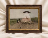 Sheep UFO Wall Art, Funny Alien Abduction Print, Vintage Farm Surreal Decor Artwork