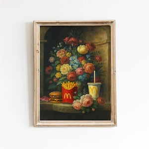 Lámina artística de comida barroca divertida: Bodegón de cocina peculiar