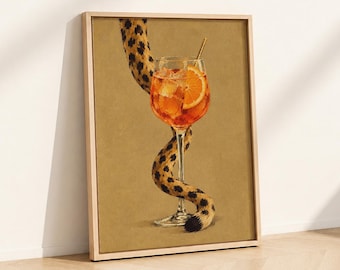 Wall Art Aperol Spritz - Leopard & Cocktail Print, Quirky Kitchen Posters, Bar Cart Decor Bundle