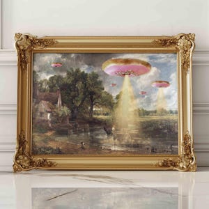 Arte alterado de invasión de donas, impresión victoriana de ovnis, impresión de extraterrestres, arte ovni, decoración de pared única, decoración de extraterrestres, arte de naves espaciales extraterrestres, arte mural divertido