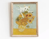 Funny Cat Sunflowers Parody Art Print, Whimsical Altered Vintage Painting, Wall Decor Poster