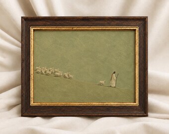 Jesus Leaves the 99 Wall Art, Good Shepherd Christian Print, Sheep Landscape, Minimalist Decor