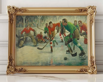 Stampa vintage di un giocatore di hockey: arte murale sportiva rustica