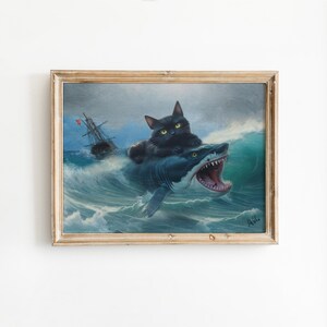 Impressão artística "Gato Gordo vs. Tubarão", arte de parede inspirada em meme, pintura alterada.