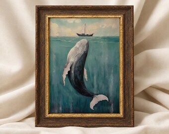 Könnte beinhalten: Ein gerahmtes Gemälde, das einen großen Buckelwal zeigt, der in tiefblauem Ozeanwasser unter einem kleinen Segelboot am Horizont schwimmt. Das Kunstwerk befindet sich in einem dunkelbraunen Holzrahmen mit einem dünnen goldenen Innenrand.