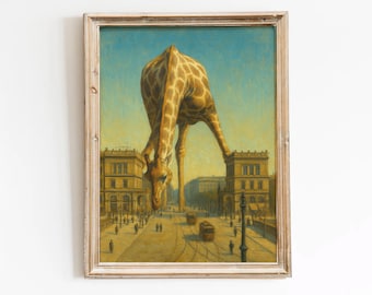 Surrealistyczny wydruk artystyczny z żyrafą: abstrakcyjne zwierzę safari, fantazyjna dekoracja ścienna z dżunglą