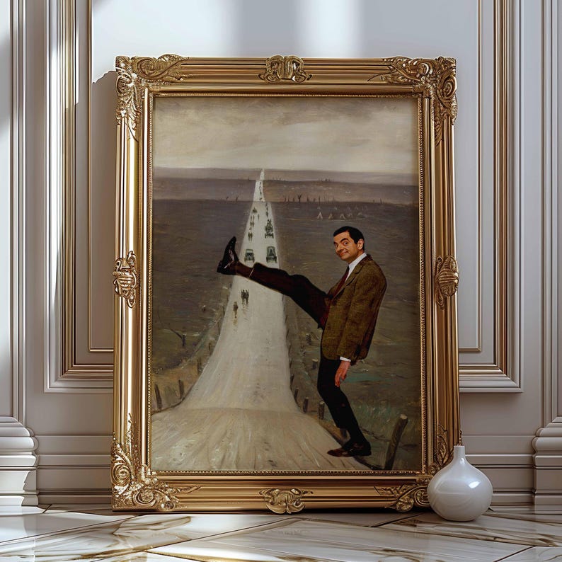 May include: A framed wall art piece featuring a painting of a man in a brown tweed jacket and dark trousers standing on a roadside, lifting one leg high. The artwork is encased in an ornate, polished gold frame with intricate embossed detailing.