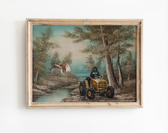 Impressão artística de vilão dirigindo trator: pintura a óleo vintage alterada e engraçada