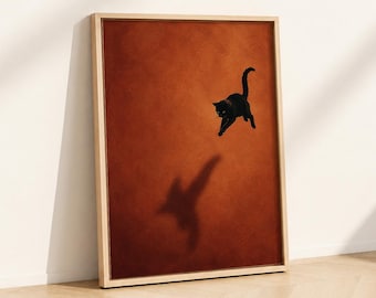 Poster Black Cat Unframed, Terracotta Adobe Shadow Wall Art, Minimal Desert Cat Decor, Animal Neutral Print