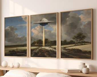 UFO Entführung Kunstdruck Set: Surreale Vintage Sci-Fi Collage
