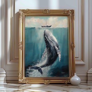 Blue Art Whale and Ship, Nave nell'oceano, Poster di stampa artistica di una nave d'epoca, Arte di una balena gigante, Arte murale dell'oceano, Decorazione murale vintage con balena maestosa