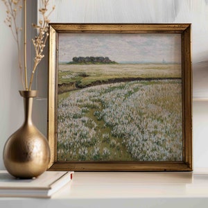 Dipinto ad olio con paesaggio di campo di fiori selvatici, stampa quadrata con paesaggio vintage, stampa da parete quadrata con campo di campagna, stampato e spedito, 030