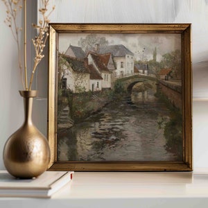 Quadratischer Druck Europäischer Kanal Vintage Malerei, Stimmungsvoller Herbst Bauernhaus Fine Art, quadratische Wandkunst, quadratische Bilder, gedruckt und versandt, 034