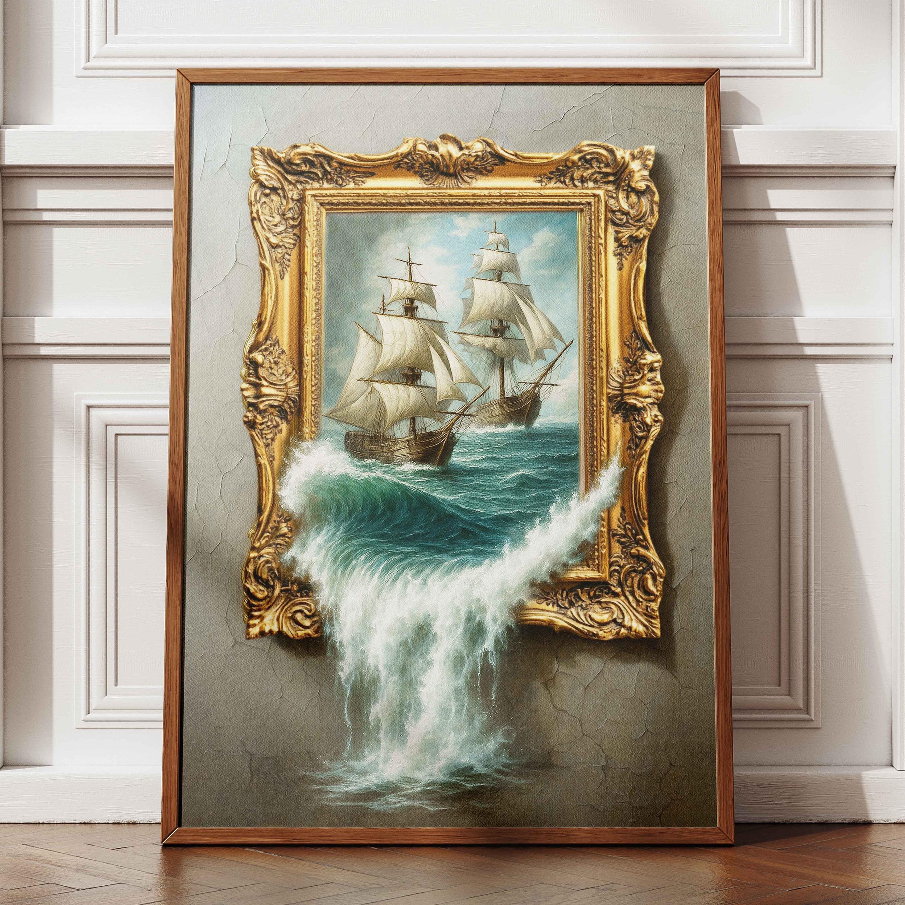 シュールな海の船の絵画：3Dフレームの錯覚、航海の壁アート - Etsy 日本