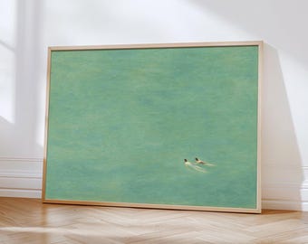 Green Abstract Swimming Art, Two Tiny Swimmers Painting, Modern Wall Art Print Decor