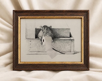 May include: A framed charcoal-style drawing of a rat sitting inside a wooden box, holding a roll of toilet paper. The artwork is encased in a dark brown wooden frame with a thin gold inner border, presenting a detailed monochrome illustration.