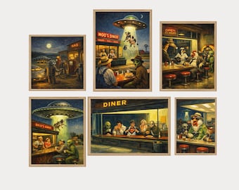 Quirky Wall Art Prints Set, Eclectic Gallery Posters, Maximalist Home Decor, UFO Sci-Fi  Painting