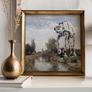 Arte murale vintage con dipinti alterati, famosa stampa eclettica, paesaggio quadrato in stile cottagecore, arte digitale di riciclo nei negozi dell'usato, macchina aliena