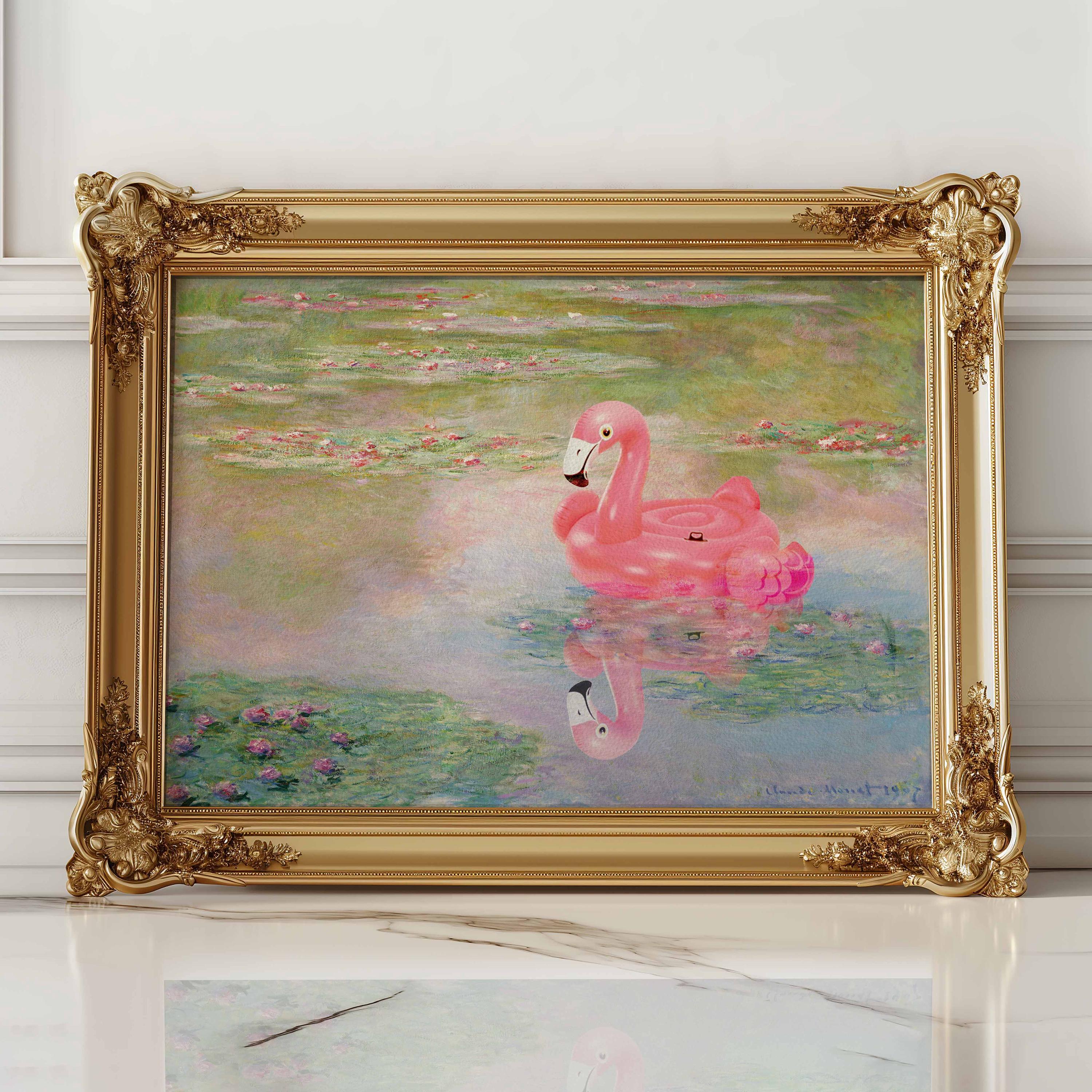 Pink Flamingo Altered Art, Famous Painting Prints, Vintage Wall Art, Cottagecore Landscape, Eclectic Funny Altered Print, Altered Wall Art
