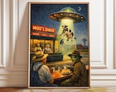 Mid-century Landscape Funny Altered Print UFO Cow Wall Art Eclectic Alien Abduction