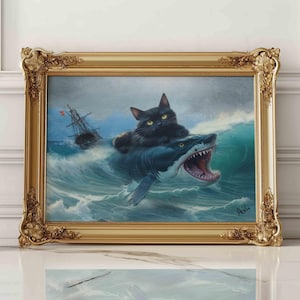 Fat Cat contro Shark / Arte alterata divertente / Meme Art rivisitata in stile rinascimentale Stampa su carta opaca