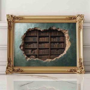 Stampa artistica da parete "Biblioteca segreta", libreria con illusione 3D dietro un muro strappato, libreria nascosta vintage, decorazione da parete stravagante per gli amanti dei libri.