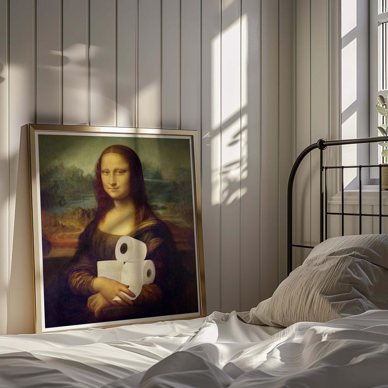 Lustig Mona Lisa Badezimmer Kunstdruck, Toilettenpapier Parodie, Renaissance Humor, quadratische Wanddekoration Bild 9