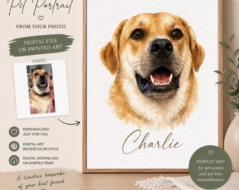 Custom Watercolor Portraits Using Pet Photo, Personalized Digital Dog Cat Portrait Painting, Memorial Art
