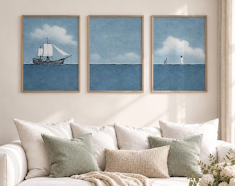 Jesus Walking on Water Gallery Wall Set, Christian Coastal Art Prints, Ocean Bible Decor