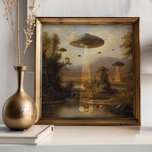 Stampa UFO vittoriana quadrata, stampa aliena, arte UFO, decorazione murale unica, decorazione aliena, arte astronave aliena, mucche, divertente arte alterata