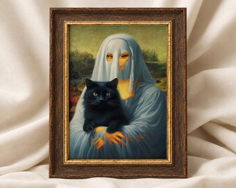 May include: A framed print featuring a figure draped in a light blue veil with visible eyes, holding a solid black cat. The figure wears a light blue garment and has orange-toned hands. The artwork is enclosed in a dark brown wooden frame.