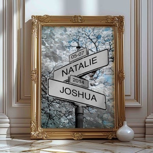 Könnte beinhalten: Ein gerahmter Druck eines Straßenschilds mit den Namen "Natalie" und "Joshua" und dem Datum "05-07-2014". Das Schild befindet sich vor dem Hintergrund eines verschwommenen Bildes von Bäumen und einem blauen Himmel.