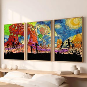 Juego de 3 impresiones de arte mural alterado, impresión de noche estrellada, decoración artística divertida, juego de 3 pósteres de arte mural, pared de galería, parodia de personaje de dibujos animados
