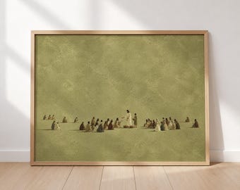Jesus Feeds The 5000 Wall Art, Abstract Religious Bible Decor, Green Minimalist Prints