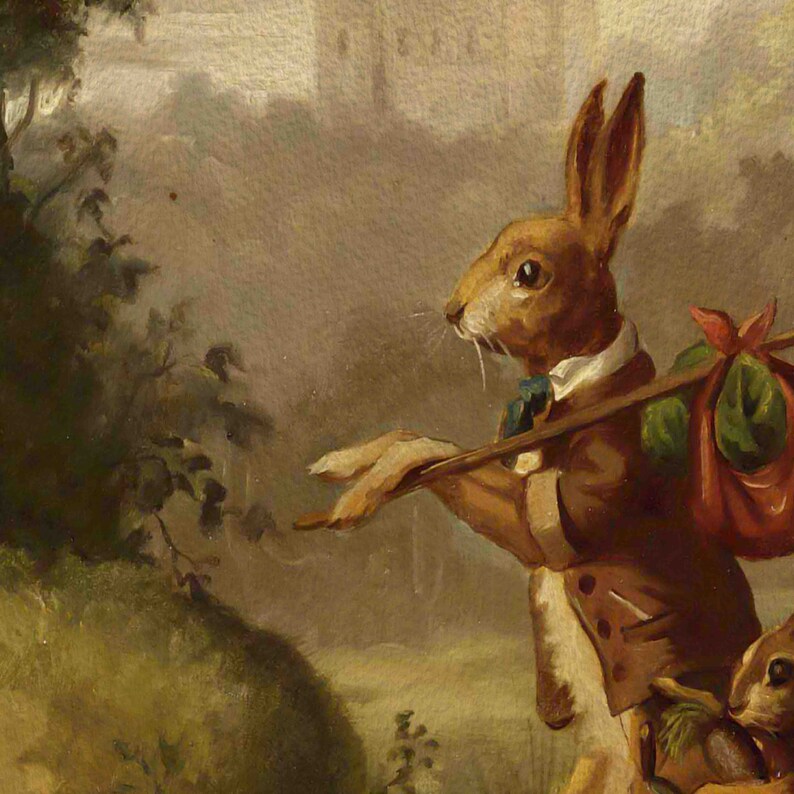 May include: A painting of a brown rabbit wearing a brown jacket and a blue bow tie. The rabbit is holding a stick and carrying a red and green bag. The rabbit is looking to the left of the image.