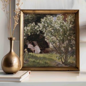 Stampa quadrata Vintage Rose bianche Giardino Dipinto ad olio, Donna che legge Arte murale estiva, Decorazione fattoria francese, Stampato e spedito 045
