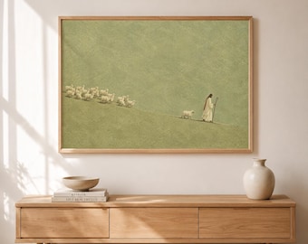 Jesus Leaves the 99 Wall Art, Good Shepherd Christian Print, Sheep Landscape, Minimalist Decor