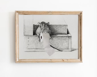 Funny Mouse Toilet Paper Art Print, Vintage Sketch Style, Quirky Bathroom Wall Decor Poster