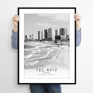 Impression noir et blanc Tel-Aviv, art mural Tel-Aviv, affiche Tel-Aviv, photo Tel-Aviv, décoration murale Tel-Aviv, Israël, plage de Tel-Aviv, art du voyage