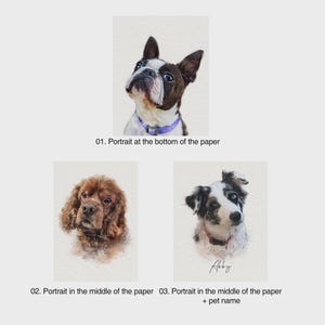 May include: Three digital pet portraits on a light background. The first shows a Boston Terrier with a purple collar. The second is a brown spaniel. The third is a black and white dog with a red collar and the name Abby written below it.