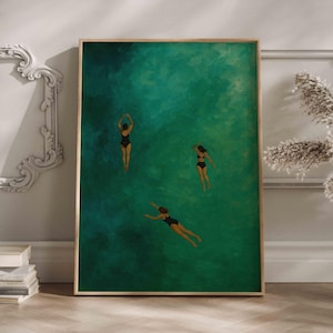 Emerald Green Abstract Art Print: Three Girls Swimming, Minimalist Wall Decor