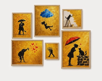 Set of 6 Golden Art Prints, Whimsical Wall Art, Surreal Gallery Decor, Eclectic Collection