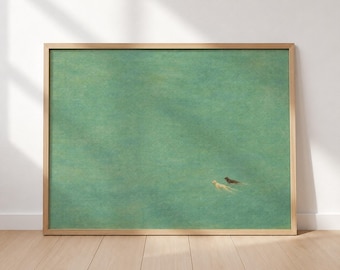 Green Abstract Dogs Swimming Art Print: Minimalist Modern Decor, Swimmers Horizontal Wall Art