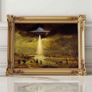 Vintage Landscape Ufo Art, Antique Ufo Painting, Eclectic Print, Alien Abduction Ufo Art Prints, Ufo Poster, Ufo Wall Art, Altered Art Print