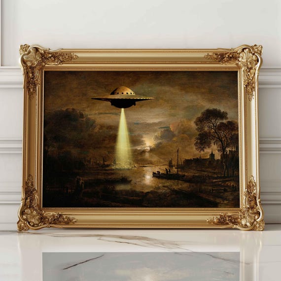 UFOビクトリア朝の風景画アートプリント：面白いエイリアン誘拐
