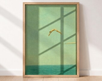 Swimmer Wall Art, Diving Print, Coastal Minimalist Decor, Modern Pool Artwork, Serene Bedroom Interior